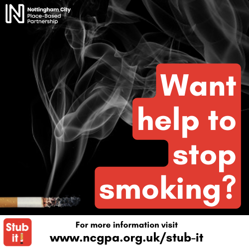 want help to stop smoking? in a red text box, over the top of a black background covered with smoking coming out of a cigarette. A white bar at the bottom reads 'for more information visit www.ncgpa.org.uk/stub-it