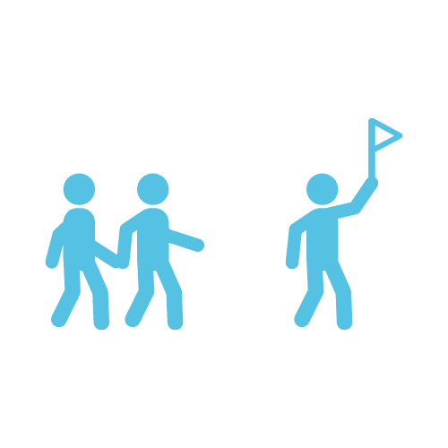 2 stick people, following a person holding a flag 