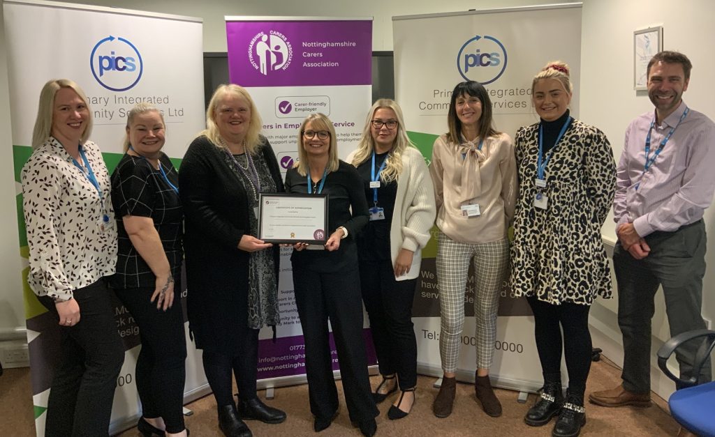 Care Navigation team Carers awards: 
During the special presentation, Stephanie Smith from the Nottinghamshire Carers Association (NCA) presented the award to Nicky Render, PICS Care Navigation team manager. 

Left to right, 3rd is Stephanie Smith (NCA); 4th is Nicky Render (Primary Integrated Community Services)
