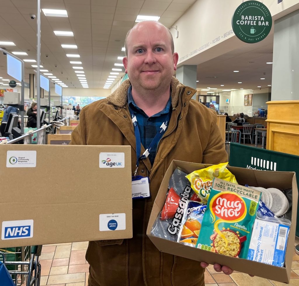 James Huguenin, Notts Healthcare Team Leader – Urgent Care Services (South-Nottinghamshire) pictured with a care box at Gamston Morrisons
