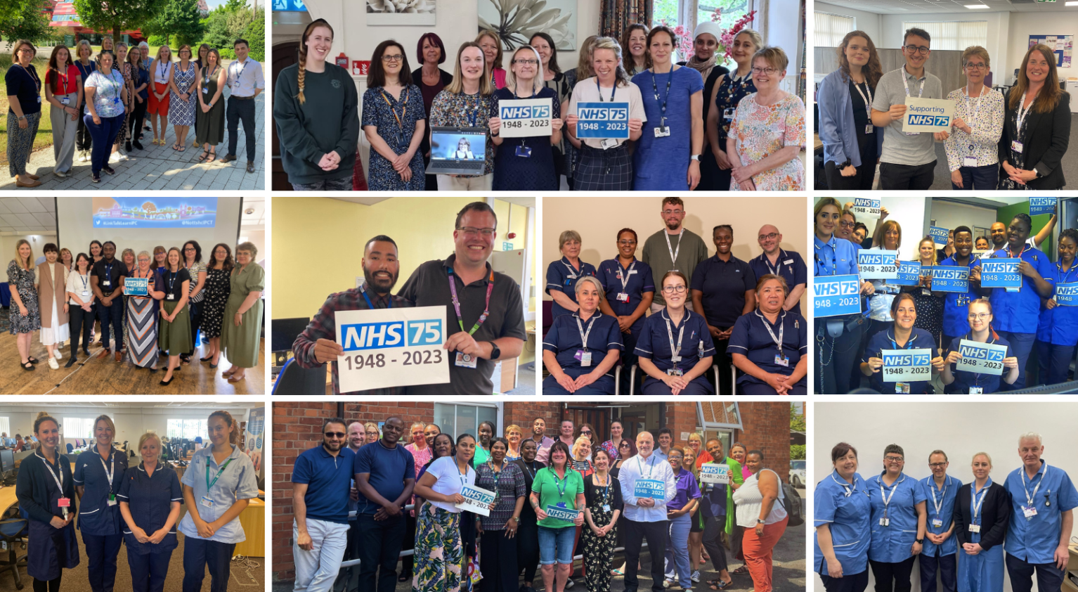 A photo montage of NHS staff working in different places. There are 10 photos which each show a group of healthcare staff.