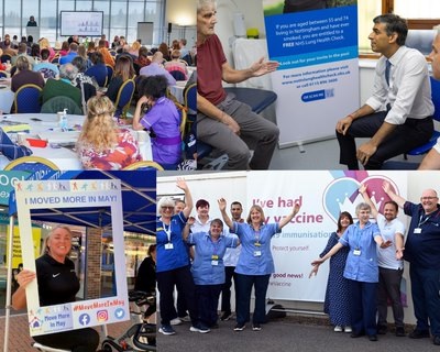 A montage of photos from the ICS magazine including staff at a conference, the prime minister meeting healthcare professionals, and vaccination staff