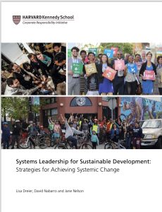 3 picturs of a group of people on a document cover for systems leadership Harvard