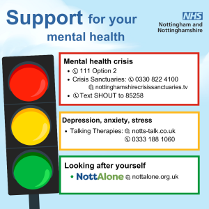 A traffic light graphic showing where to get help in a mental health crisis (red light) - dial 111 option 2, or call Nottinghamshire Crisis Sanctuaries  on 0330 822 4100. 
For depression, anxiety or stress (yellow light), contact Talking Therapies on 0333 188 1060 or visit notts-talk.co.uk.
For general mental health advice (green light) visit www.nottalone.org.uk