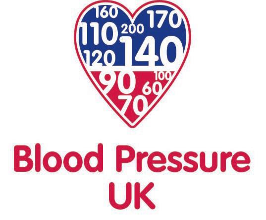 Blood pressure UK logo featuring a heart with blood pressure readings inside of it and red text that says blood pressure uk