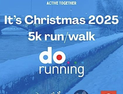 logo s for the big shed, robin hod marathon, bubble and bean, and virtual runner. Includes the text It's Chrsitmas 2025 5k run or walk