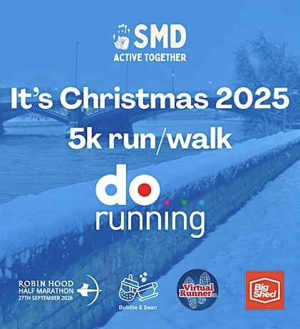 logo s for the big shed, robin hod marathon, bubble and bean, and virtual runner. Includes the text It's Chrsitmas 2025 5k run or walk