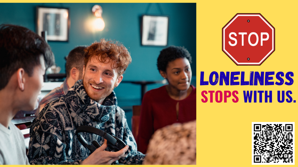 Loneliness Stops With Us - a young man with friends laughing