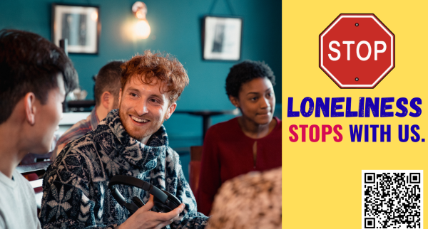 Loneliness Stops With Us - a young man with friends laughing