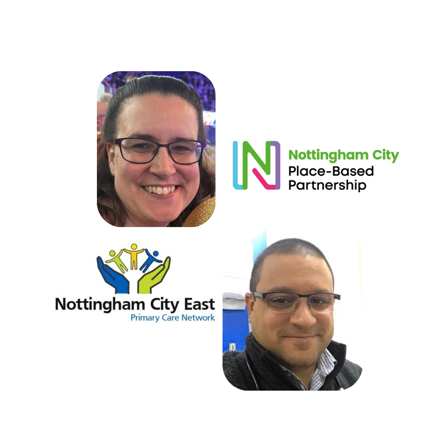 Image of the Clinicals Directors for Nottingham City East PCN, Bathe and Hussein. Incudes logos's for NCE and Nottingham City PBP as textual elements